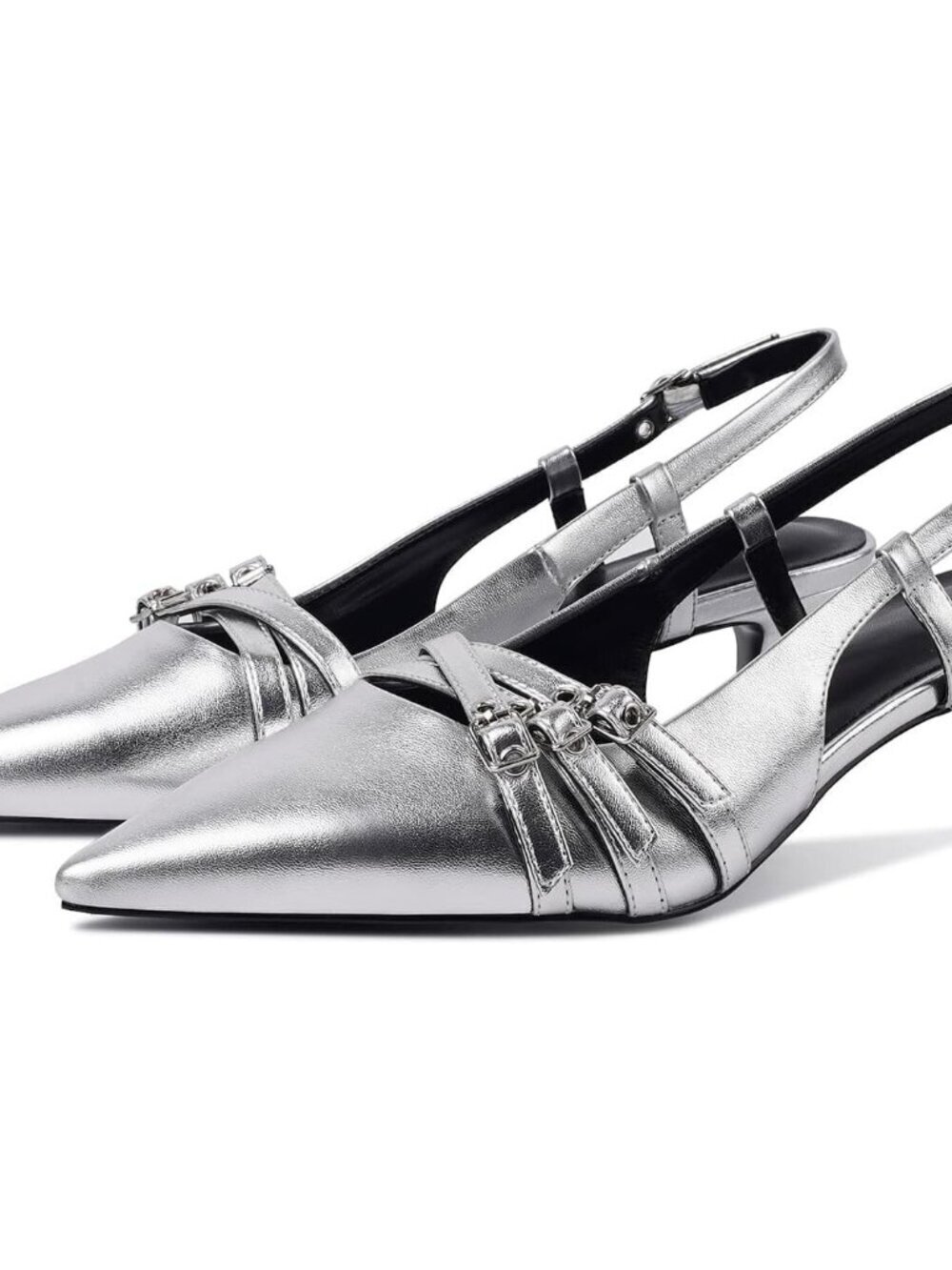 Women's Silver Slingback Kitten Pointed Closed Pumps Low Heels Shoes